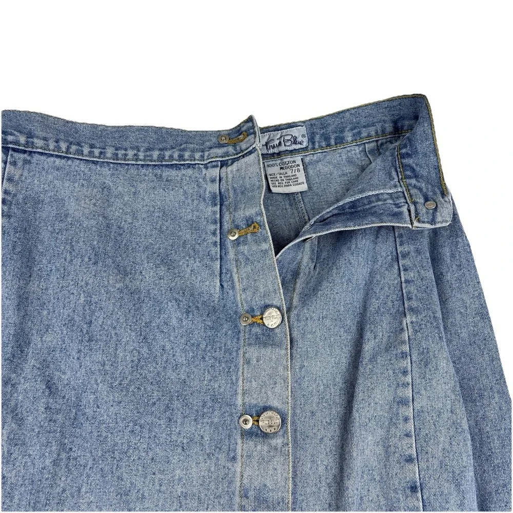 Vintage True Blue Denim Skirt Womens 7/8 Button Front‎ High Waist Classic 90s